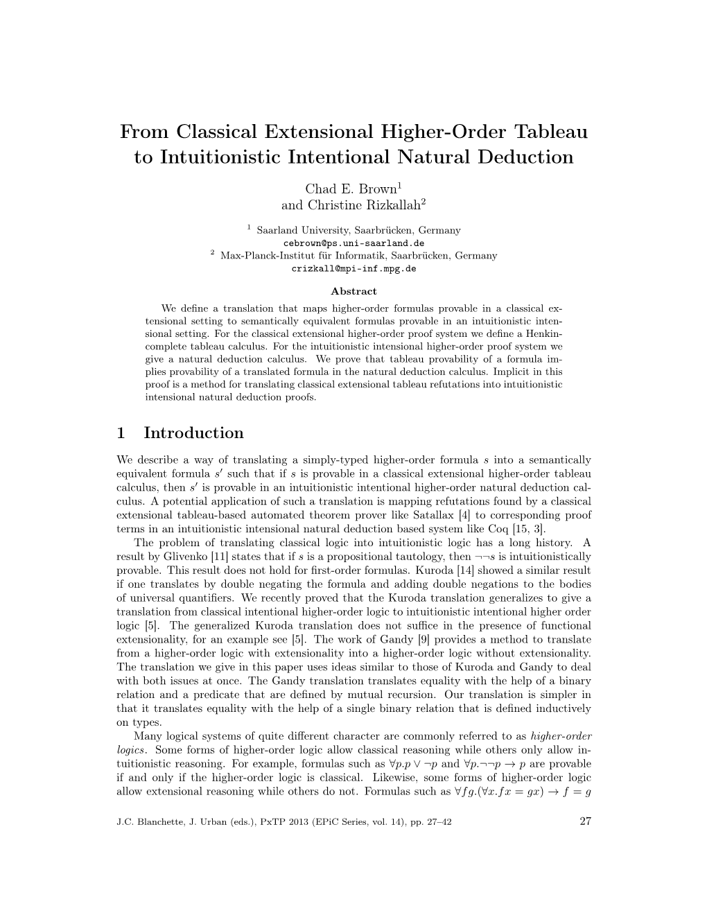 From Classical Extensional Higher-Order Tableau to Intuitionistic Intentional Natural Deduction