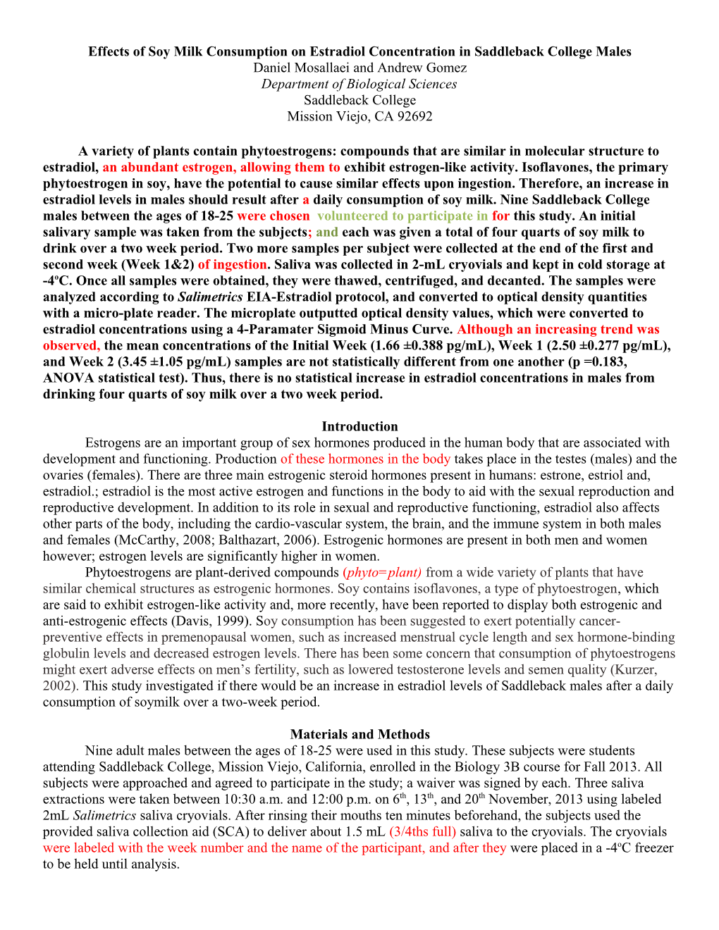 Effects of Soy Milk Consumption on Estradiol Concentration in Saddleback College Males