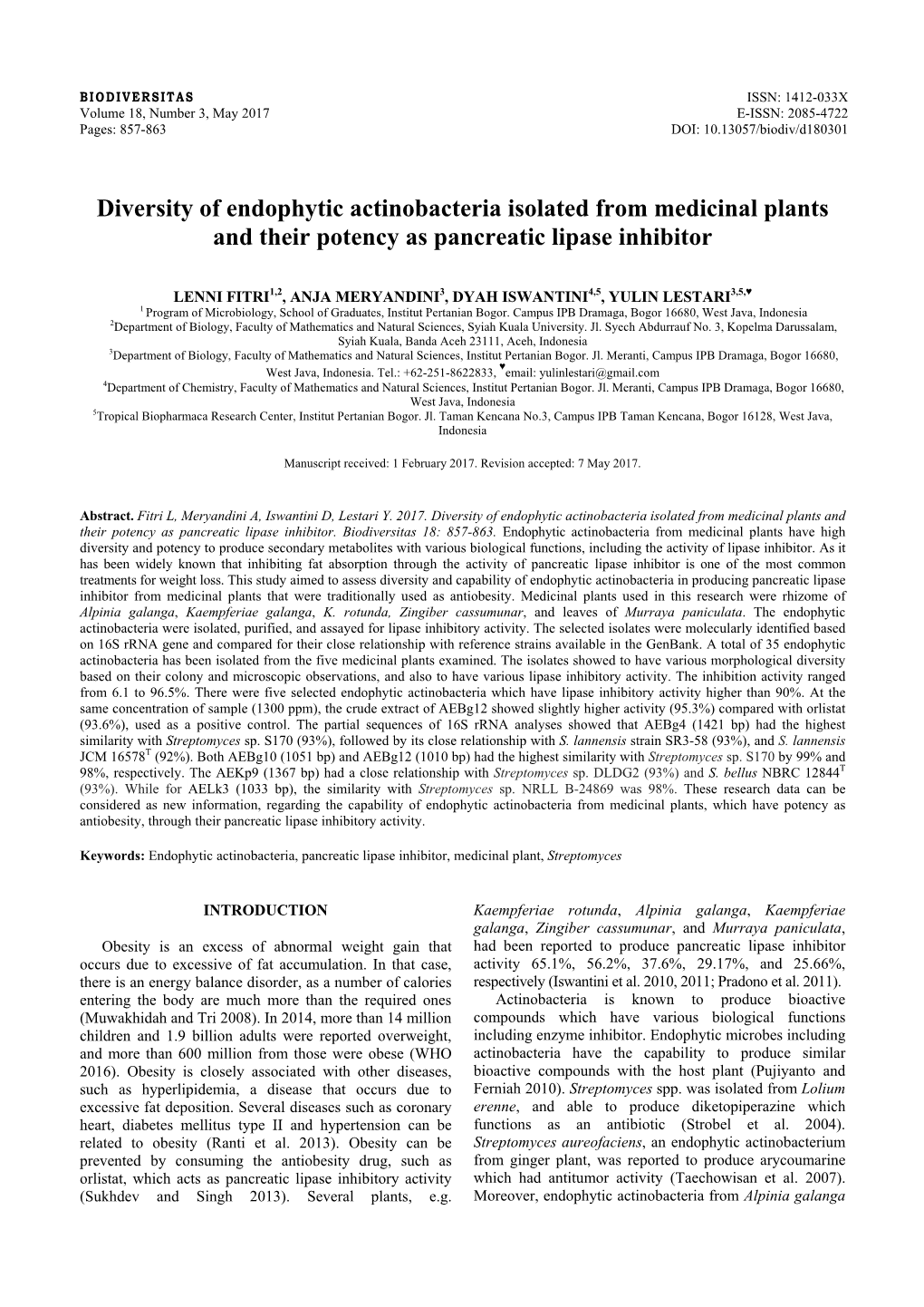 Diversity of Endophytic Actinobacteria Isolated from Medicinal Plants and Their Potency As Pancreatic Lipase Inhibitor