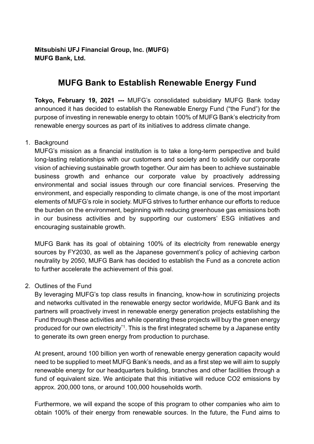 MUFG Bank to Establish Renewable Energy Fund （PDF / 158KB）