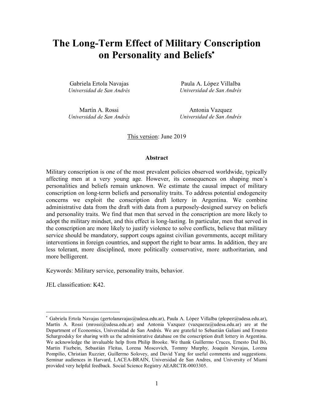 The Long-Term Effect of Military Conscription on Personality and Beliefs