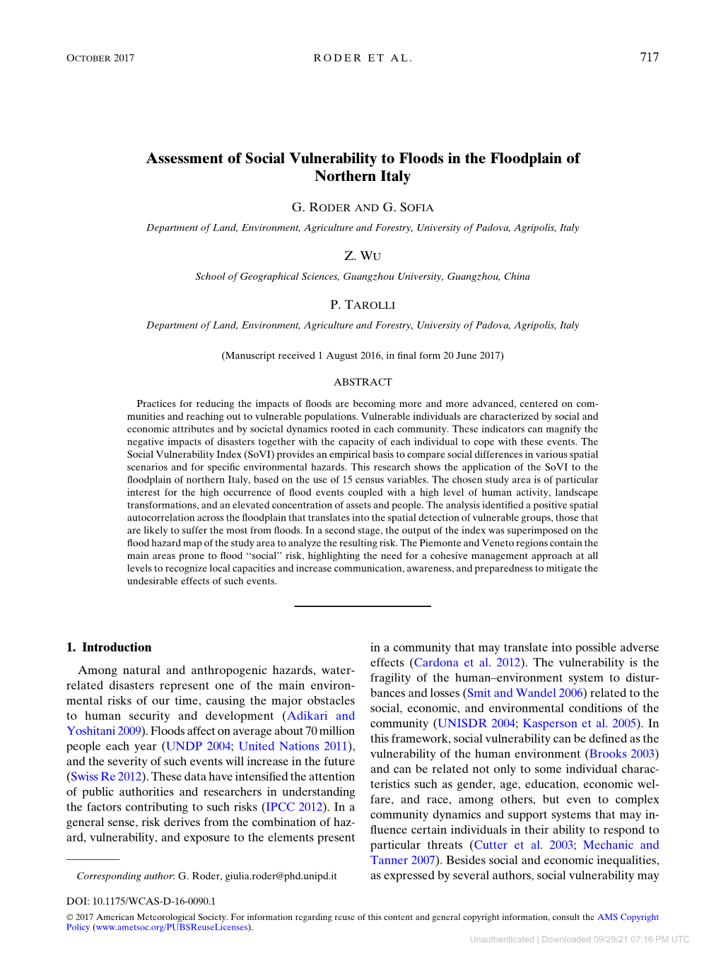 Assessment of Social Vulnerability to Floods in the Floodplain of Northern Italy