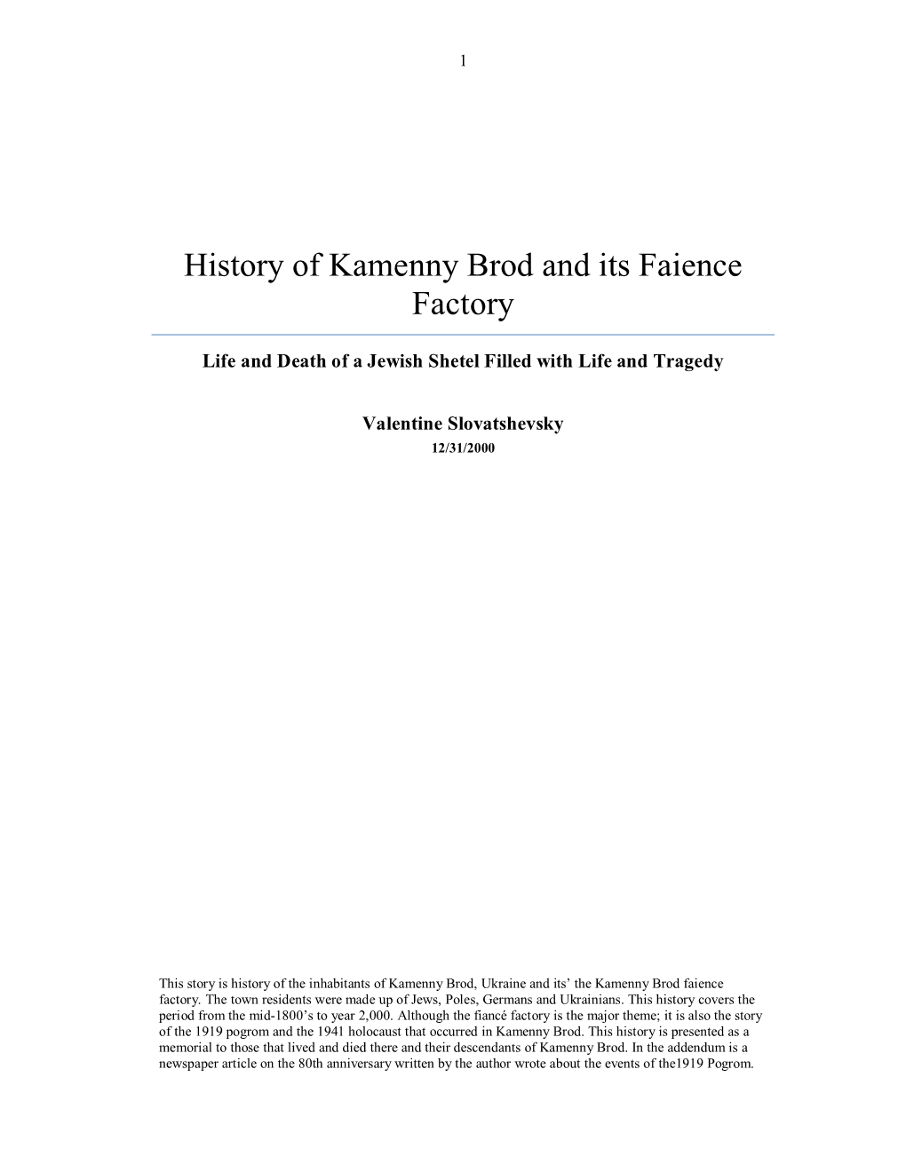 History of Kamenny Brod and Its Faience Factory