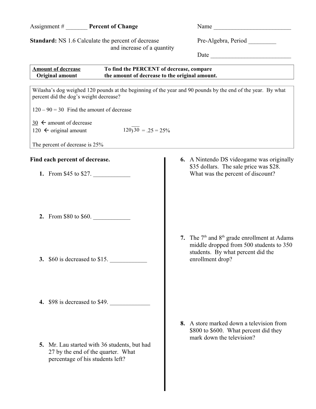 Assignment # ______ - Percent of Increase