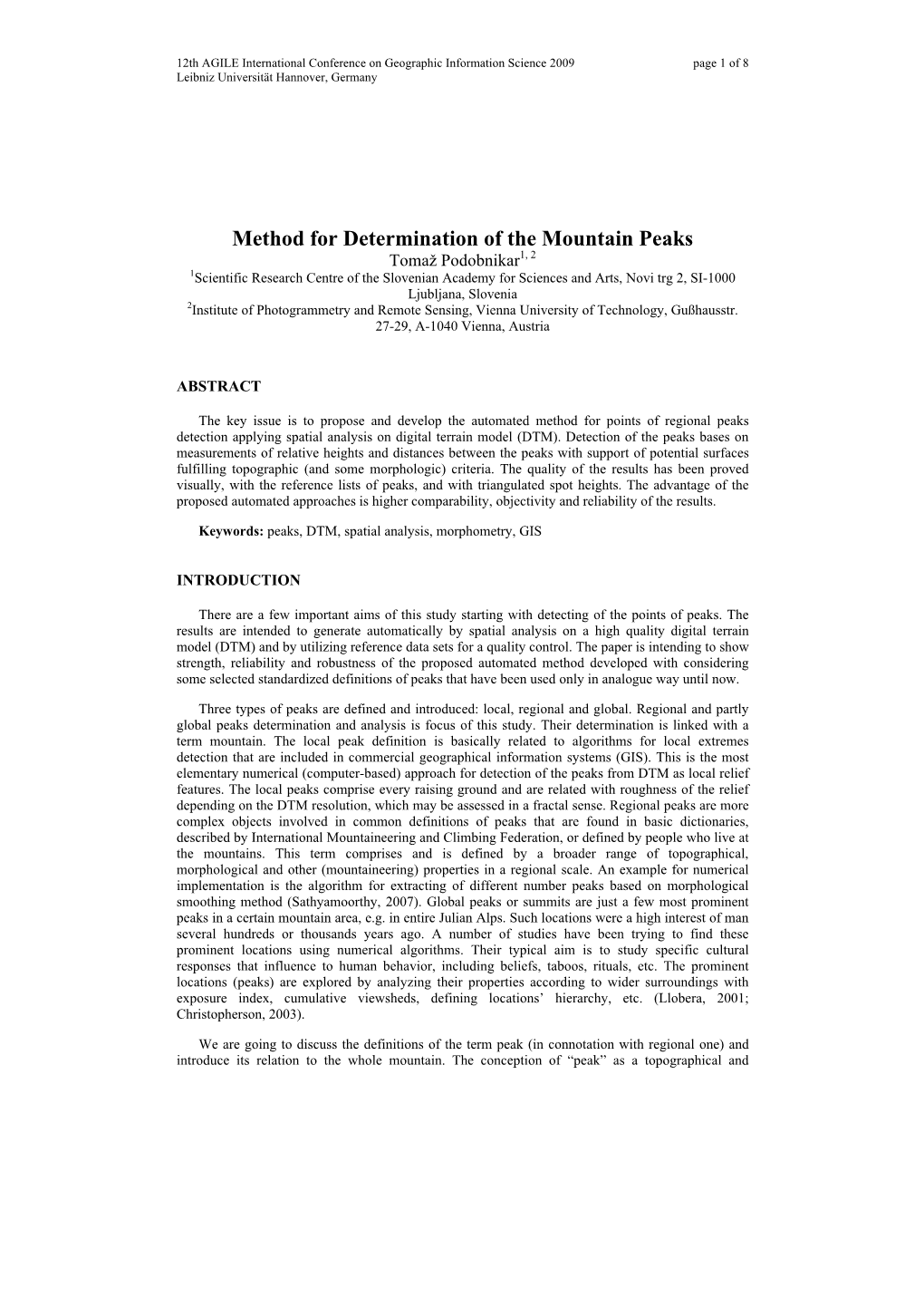 Method for Determination of the Mountain Peaks