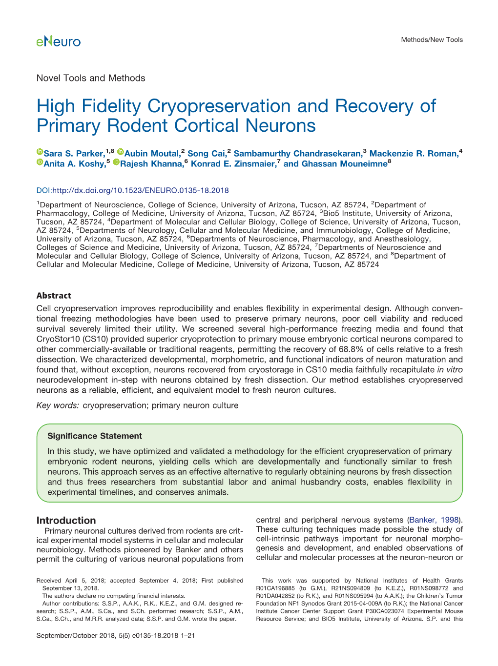 High Fidelity Cryopreservation and Recovery of Primary Rodent Cortical Neurons