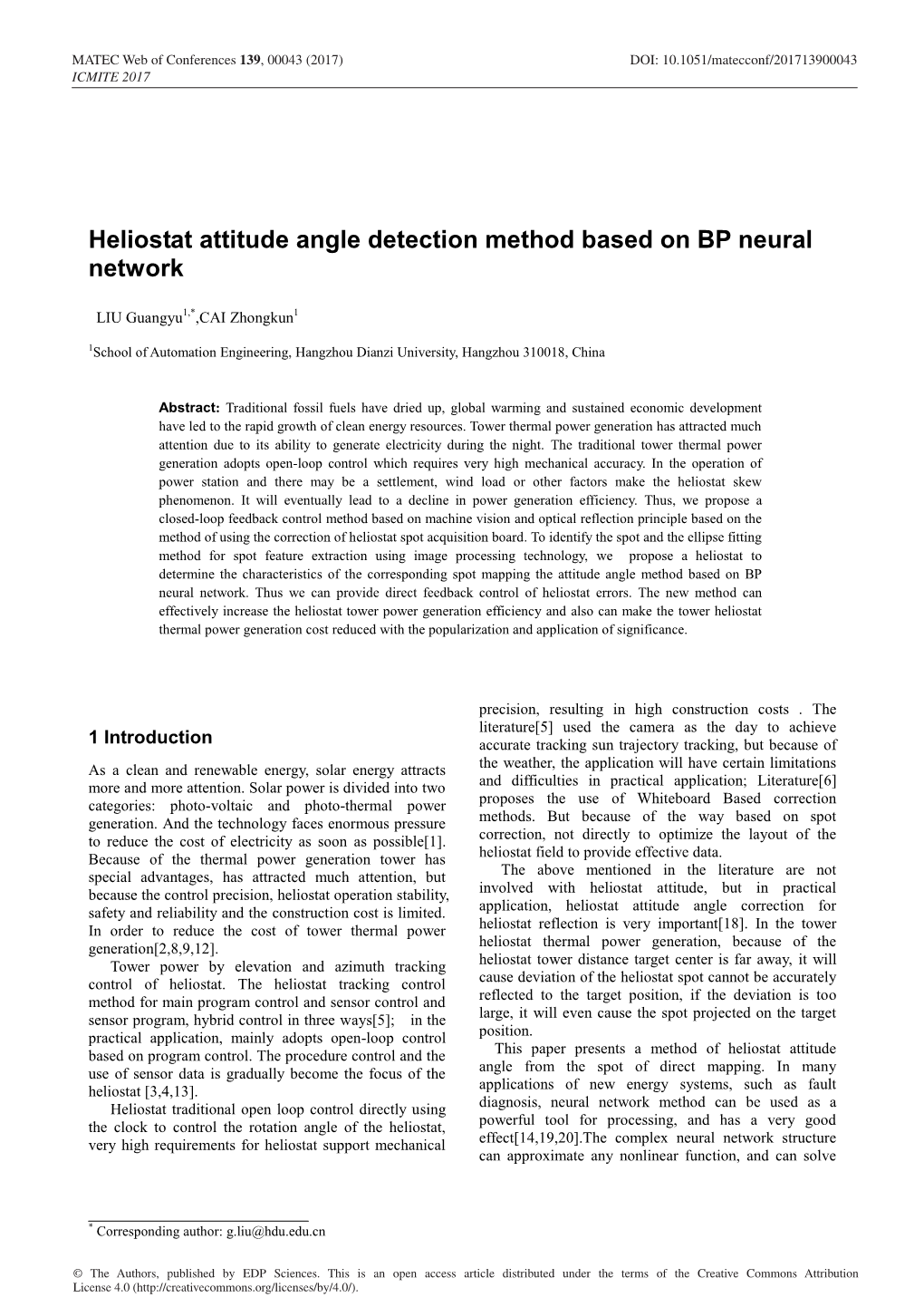 Heliostat Attitude Angle Detection Method Based on BP Neural Network