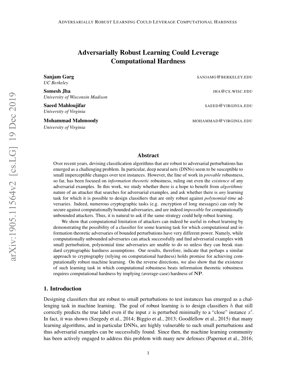 Adversarially Robust Learning Could Leverage Computational Hardness