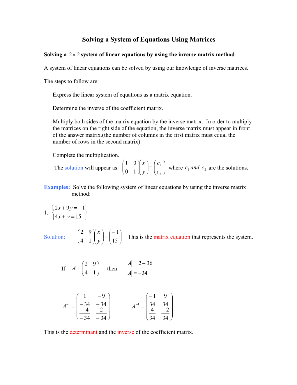 Solving A System Of Equations Using Matrices