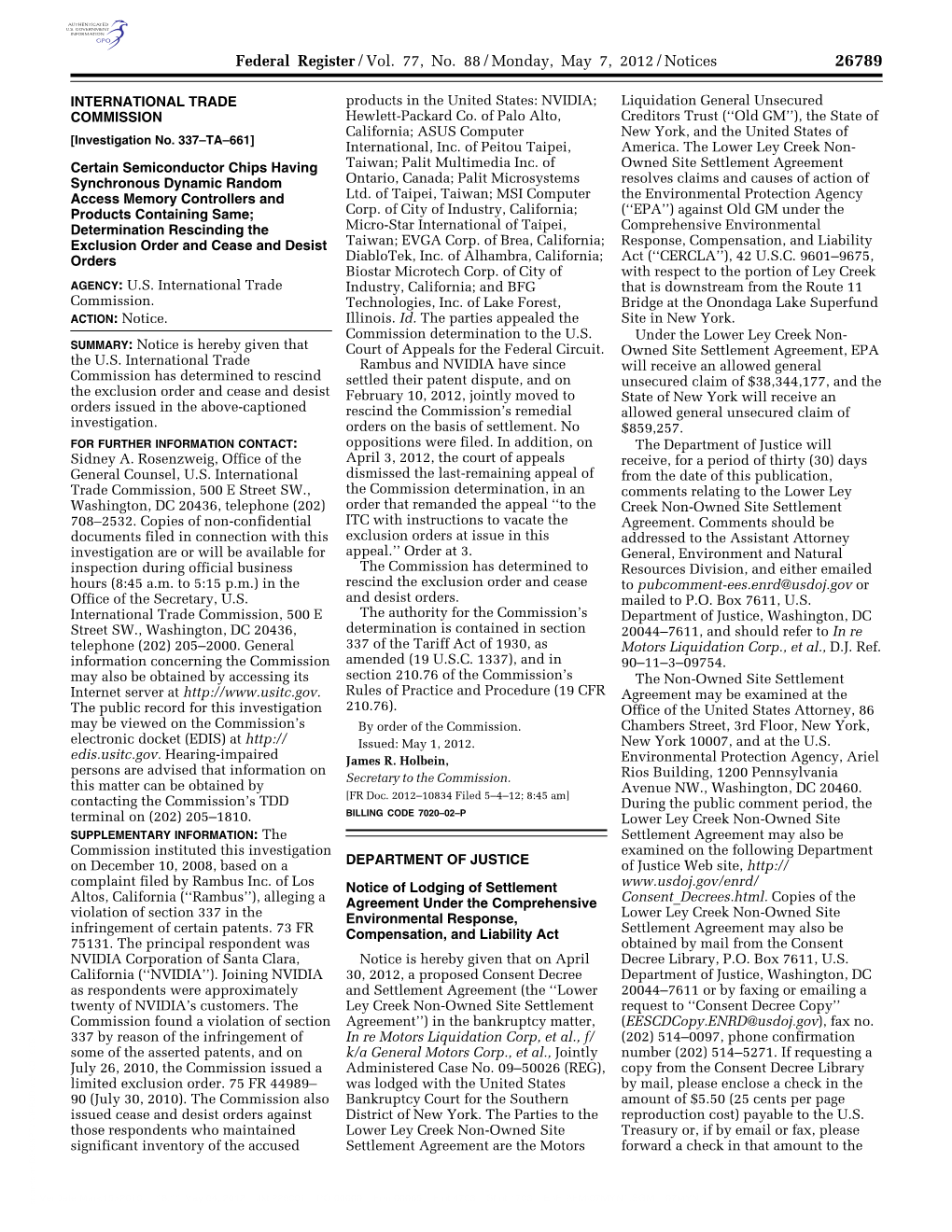 Federal Register/Vol. 77, No. 88/Monday, May 7, 2012/Notices