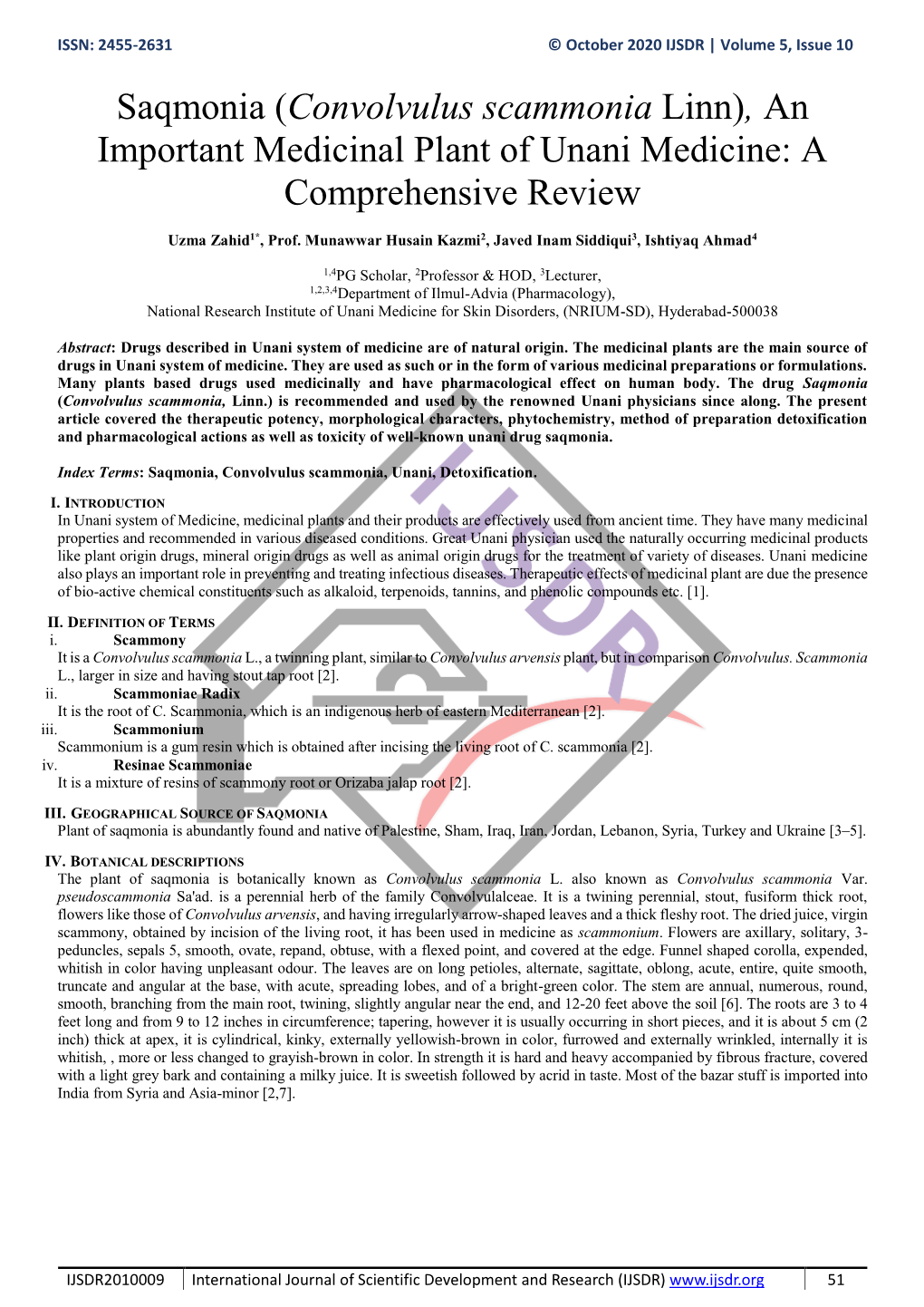 Convolvulus Scammonia Linn), an Important Medicinal Plant of Unani Medicine: a Comprehensive Review