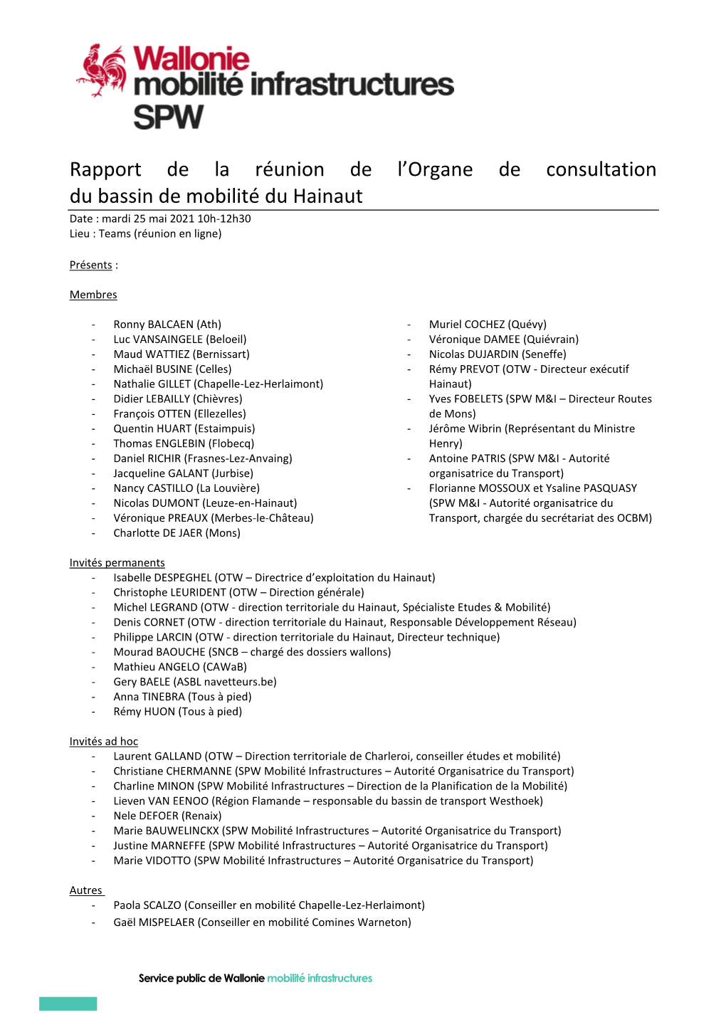 Rapport De La Réunion De L'organe De Consultation Du Bassin De Mobilité Du Hainaut