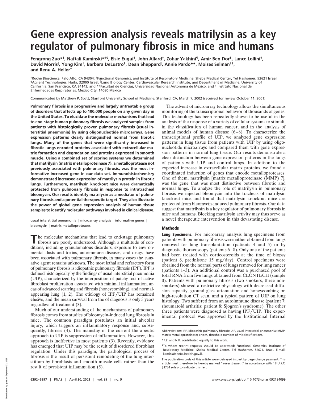 Gene Expression Analysis Reveals Matrilysin As a Key Regulator of Pulmonary Fibrosis in Mice and Humans