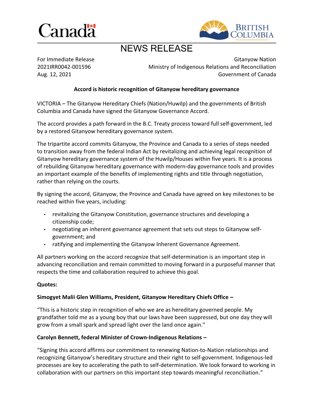 NEWS RELEASE for Immediate Release Gitanyow Nation 2021IRR0042-001596 Ministry of Indigenous Relations and Reconciliation Aug