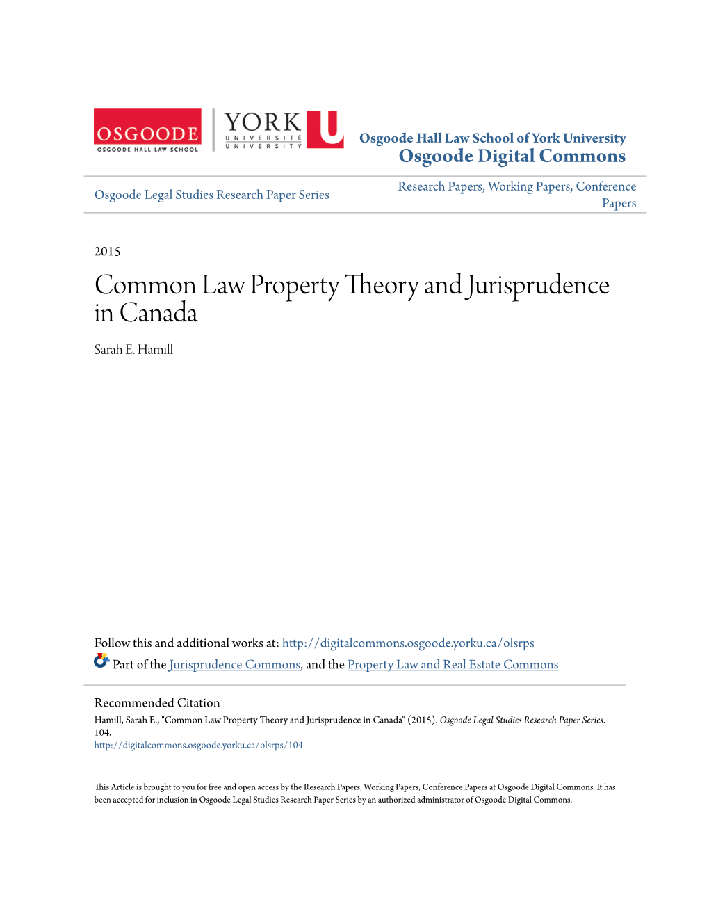 Common Law Property Theory and Jurisprudence in Canada Sarah E