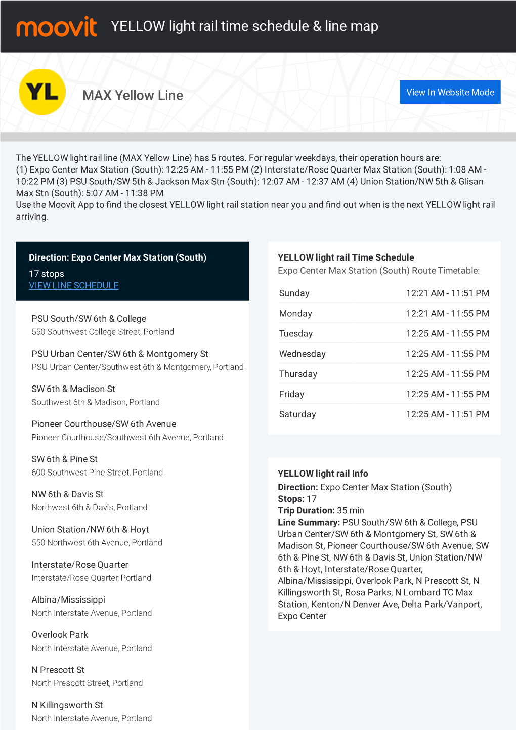 YELLOW Light Rail Time Schedule & Line Route
