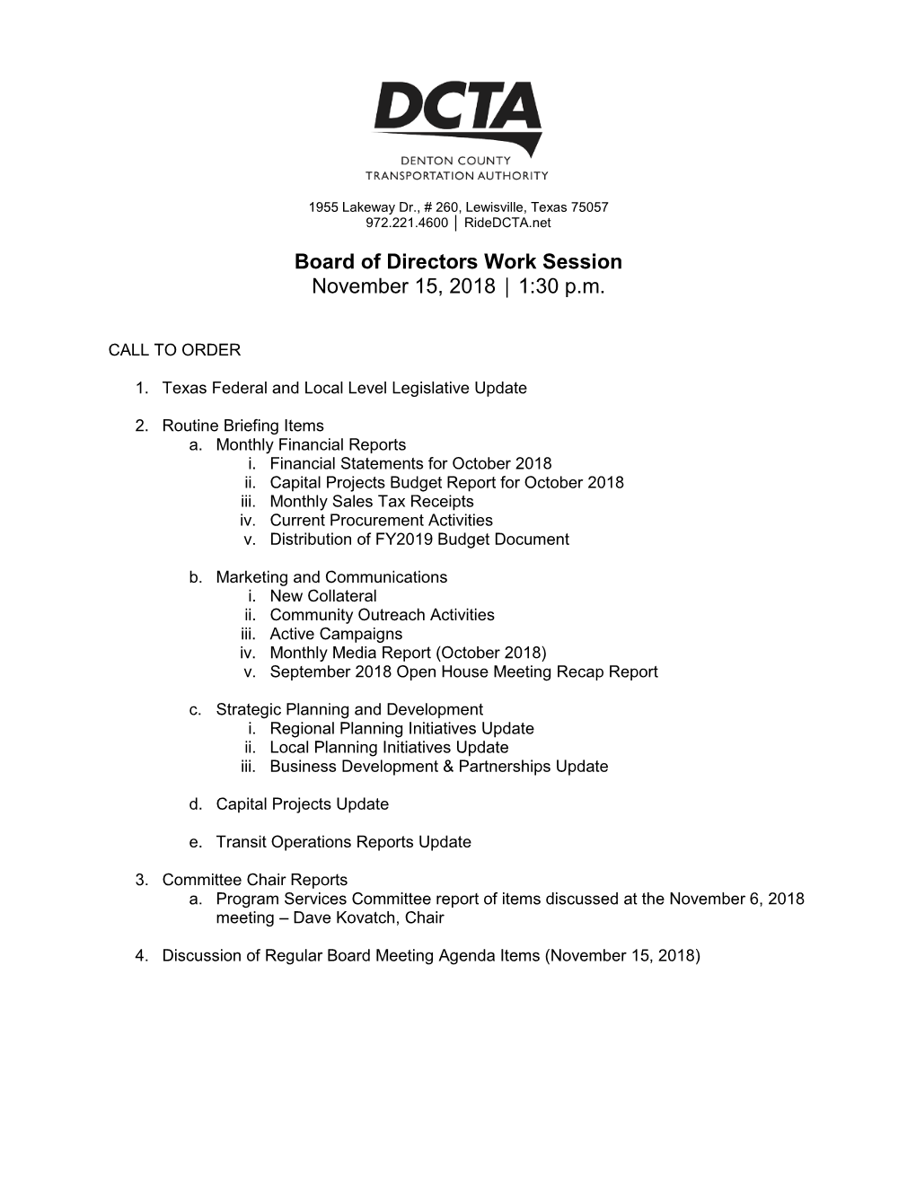 Board of Directors Work Session November 15, 2018 1:30 P.M