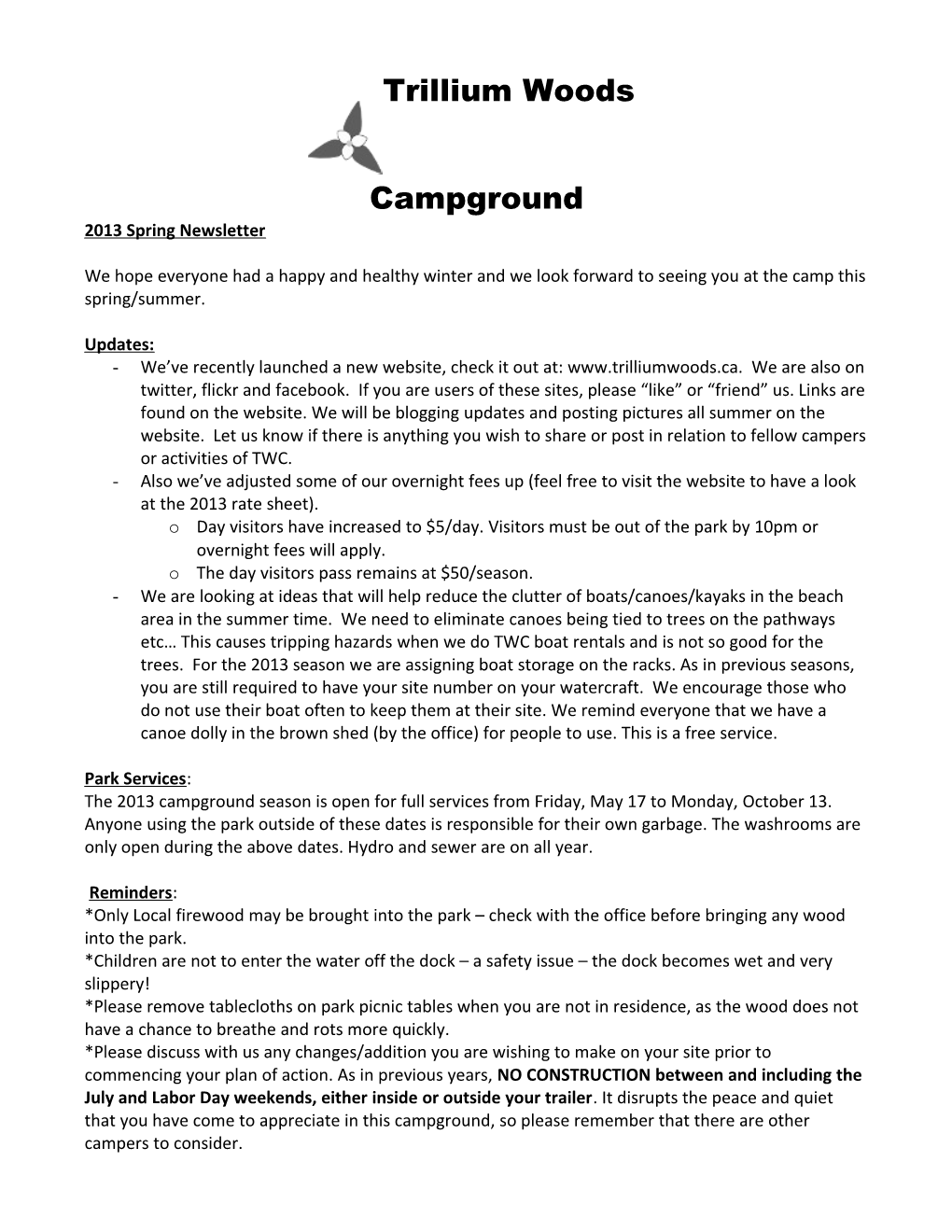 Trillium Woods Campground Spring (2009) Newsletter