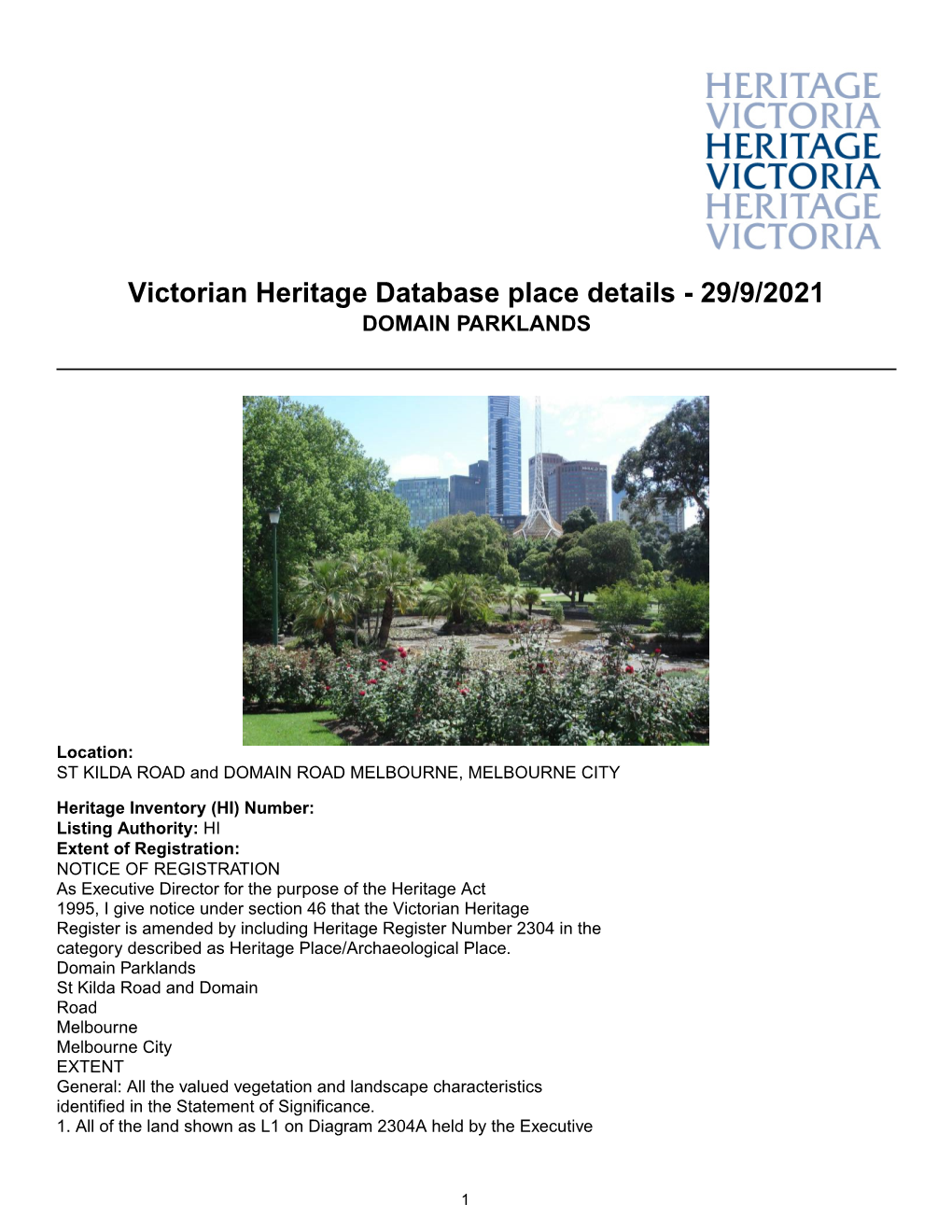 Victorian Heritage Database Place Details - 29/9/2021 DOMAIN PARKLANDS