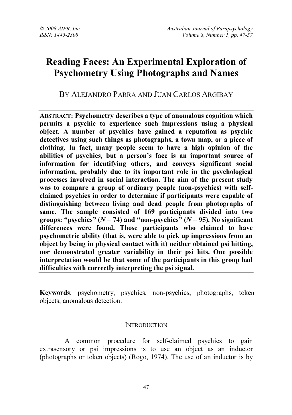 Reading Faces: an Experimental Exploration of Psychometry Using Photographs and Names