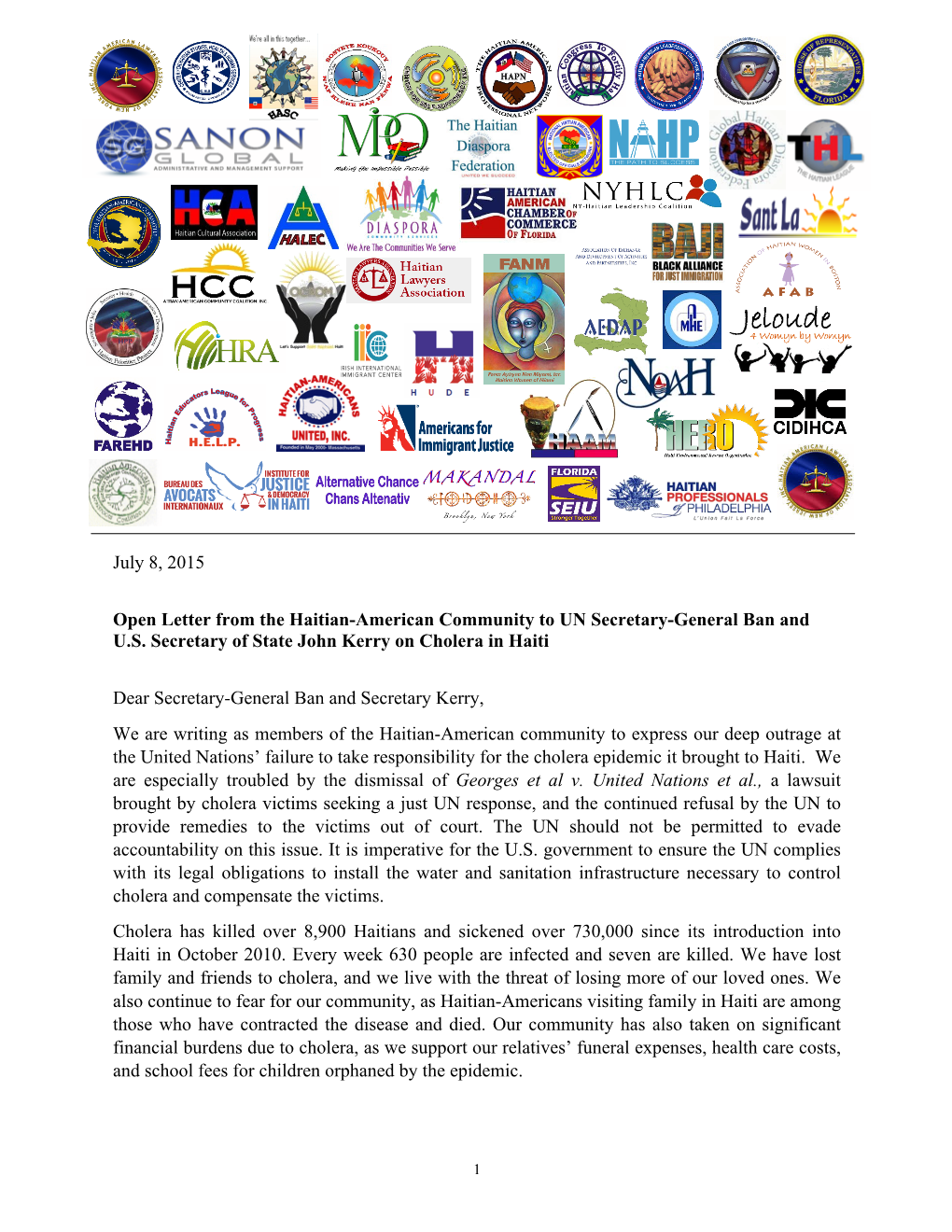 July 8, 2015 Open Letter from the Haitian-American Community to UN
