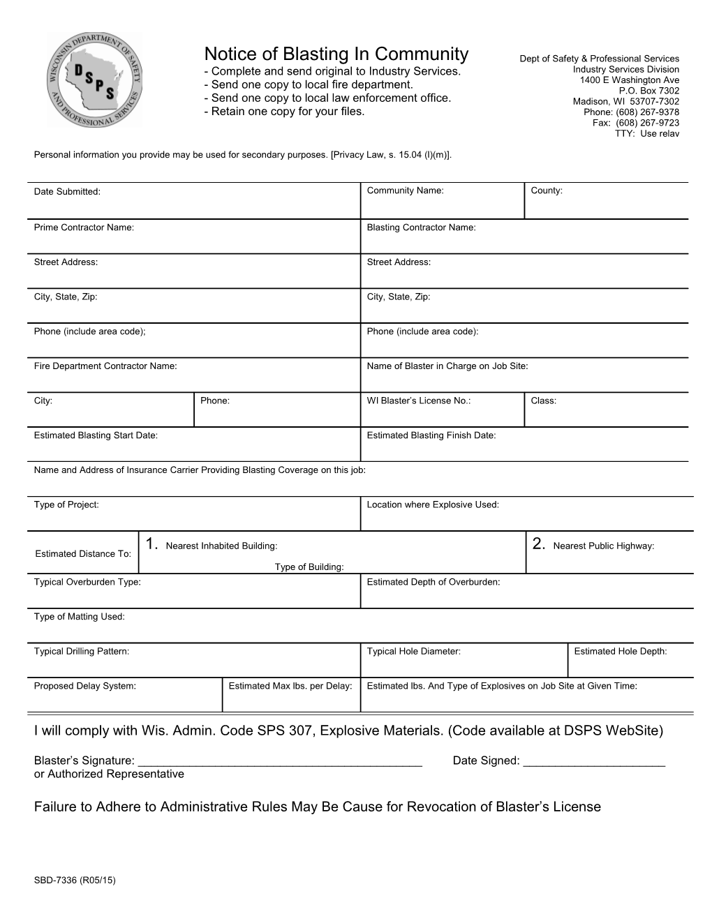 Notice of Blasting in Community