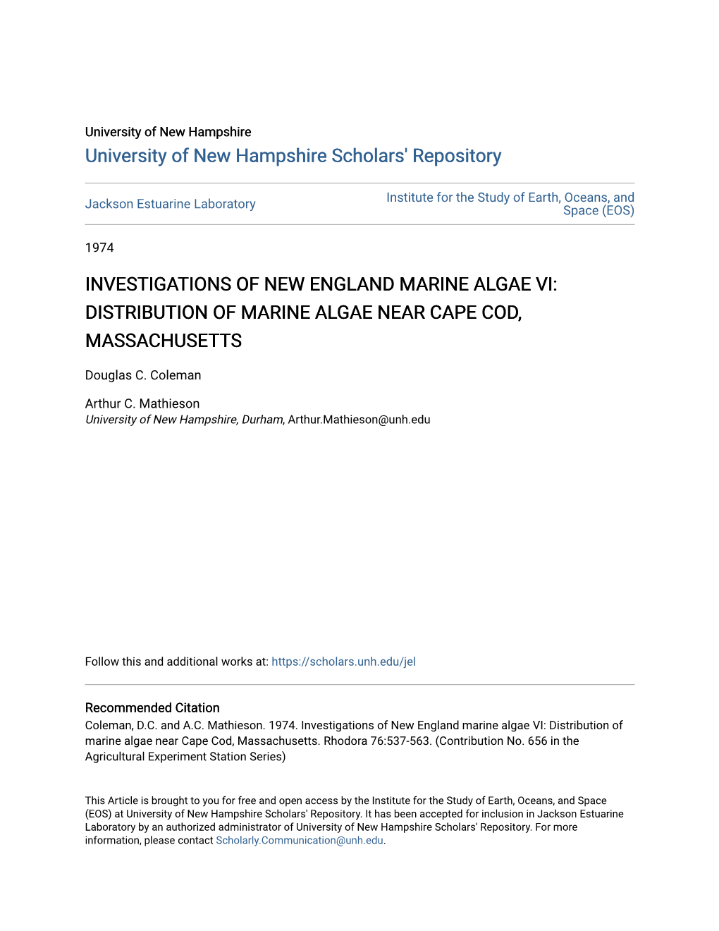 Investigations of New England Marine Algae Vi: Distribution of Marine Algae Near Cape Cod, Massachusetts
