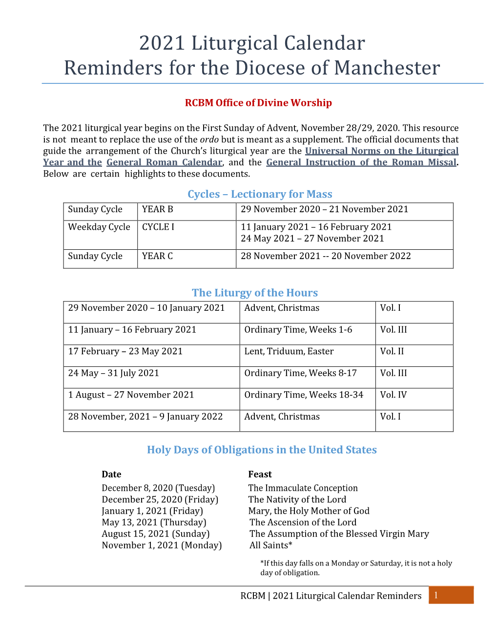 2021 Liturgical Calendar Reminders for the Diocese of Manchester