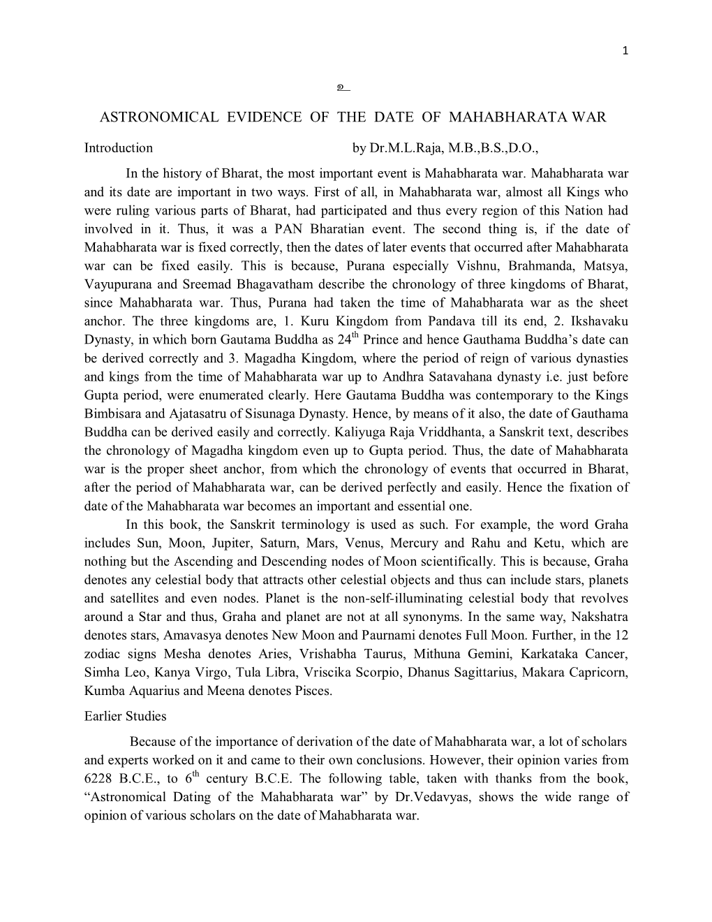 Astronomical Evidence of the Date of Mahabharata War