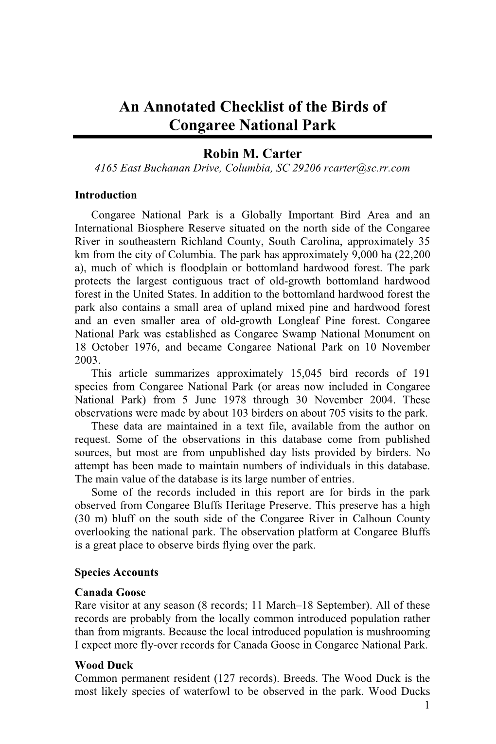 An Annotated Checklist of the Birds of Congaree National Park Robin M