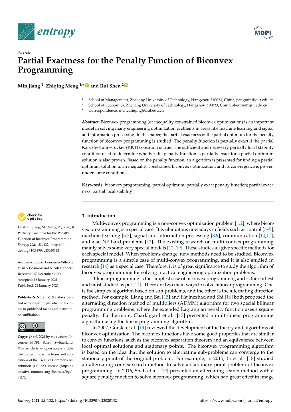 Partial Exactness for the Penalty Function of Biconvex Programming