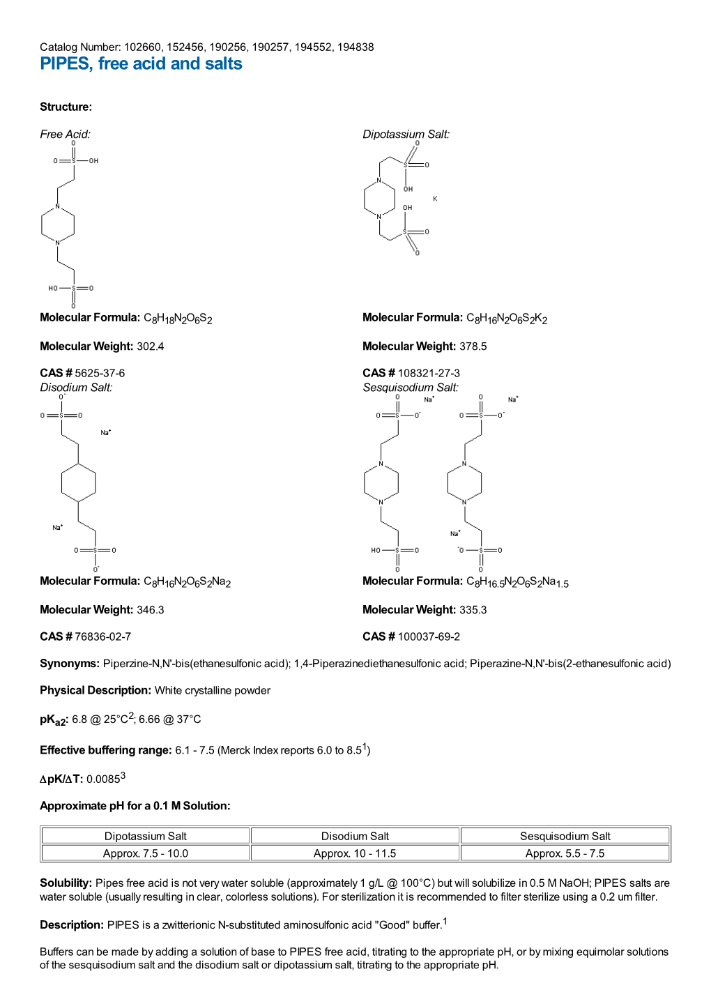 PIPES, Free Acid and Salts