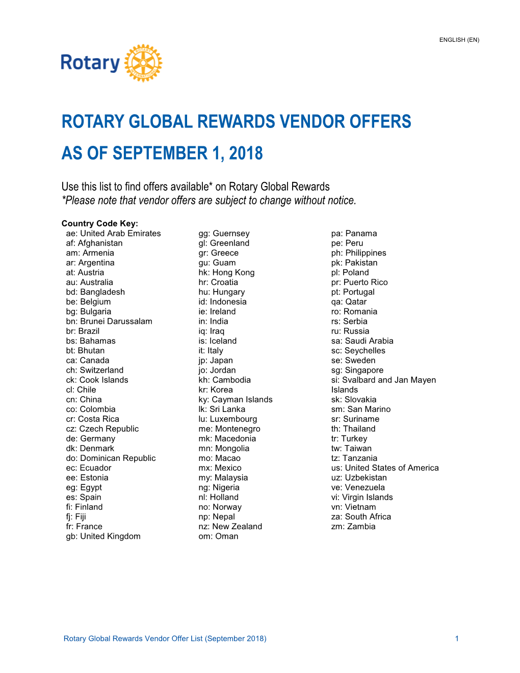 Rotary Global Rewards Vendor Offers As of September 1, 2018