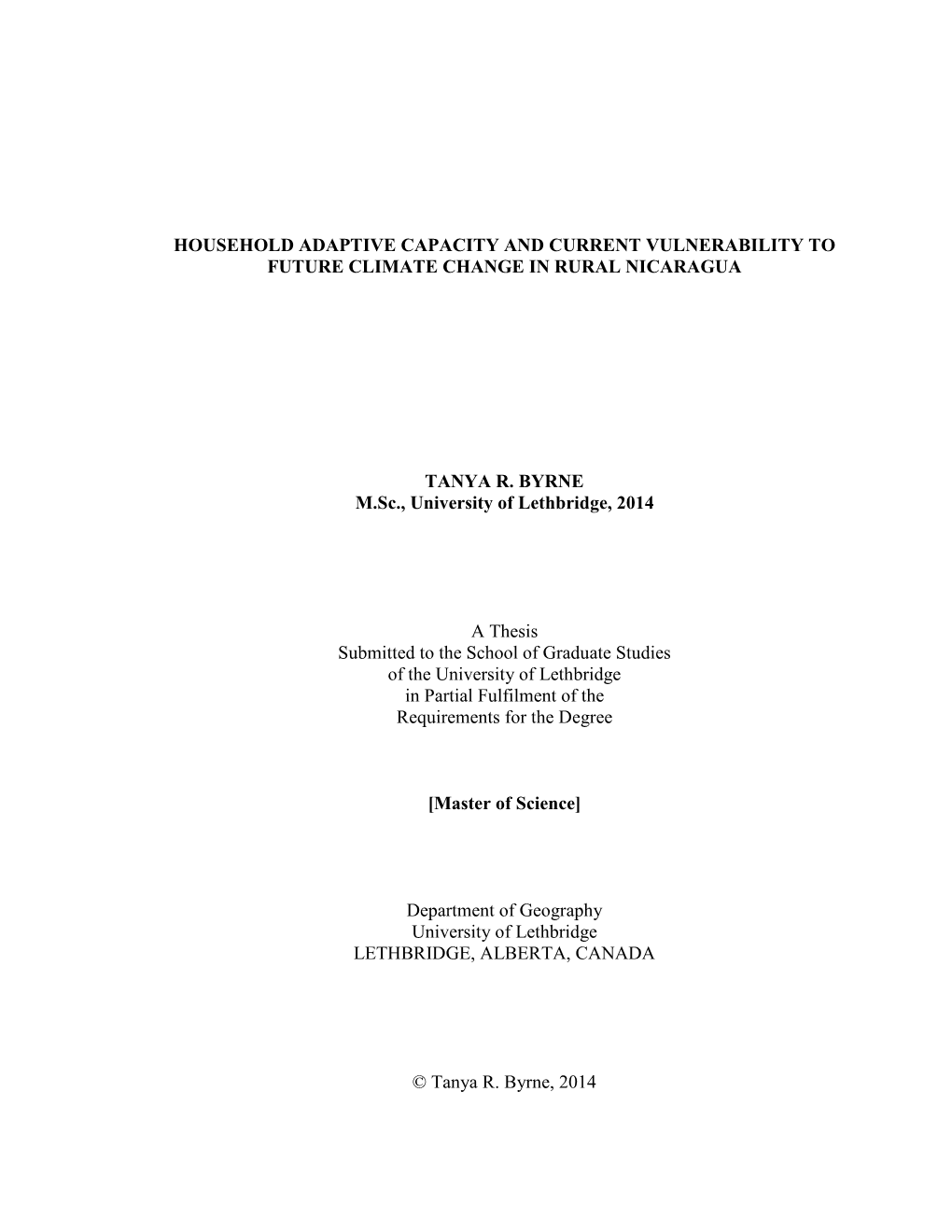 Household Adaptive Capacity and Current Vulnerability to Future Climate Change in Rural Nicaragua