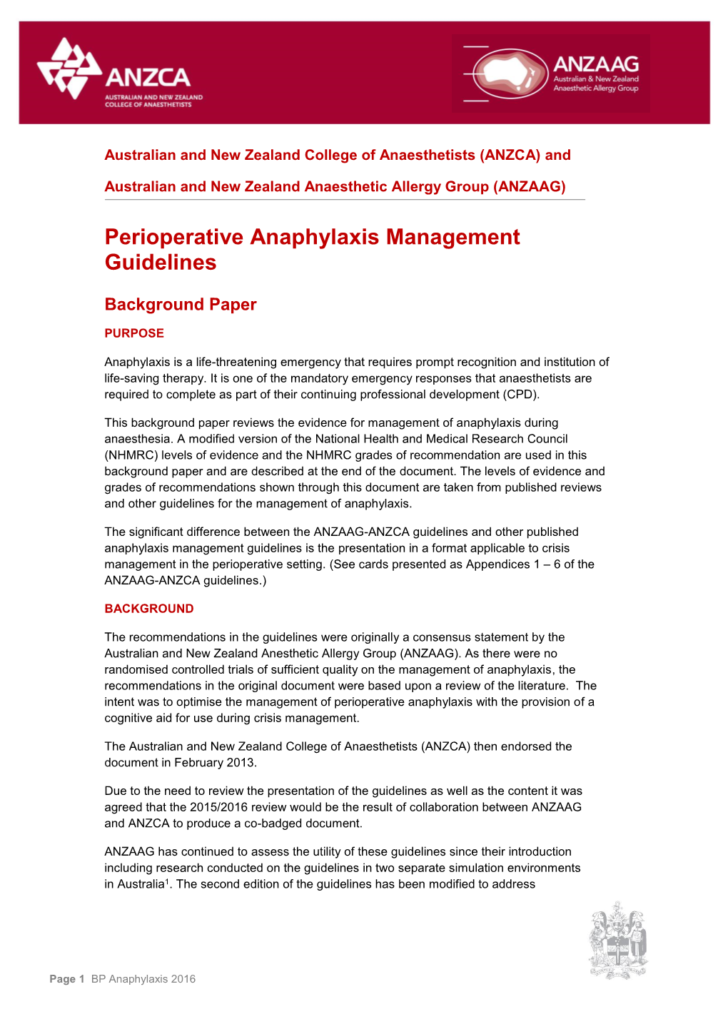 Perioperative Anaphylaxis Management Guidelines