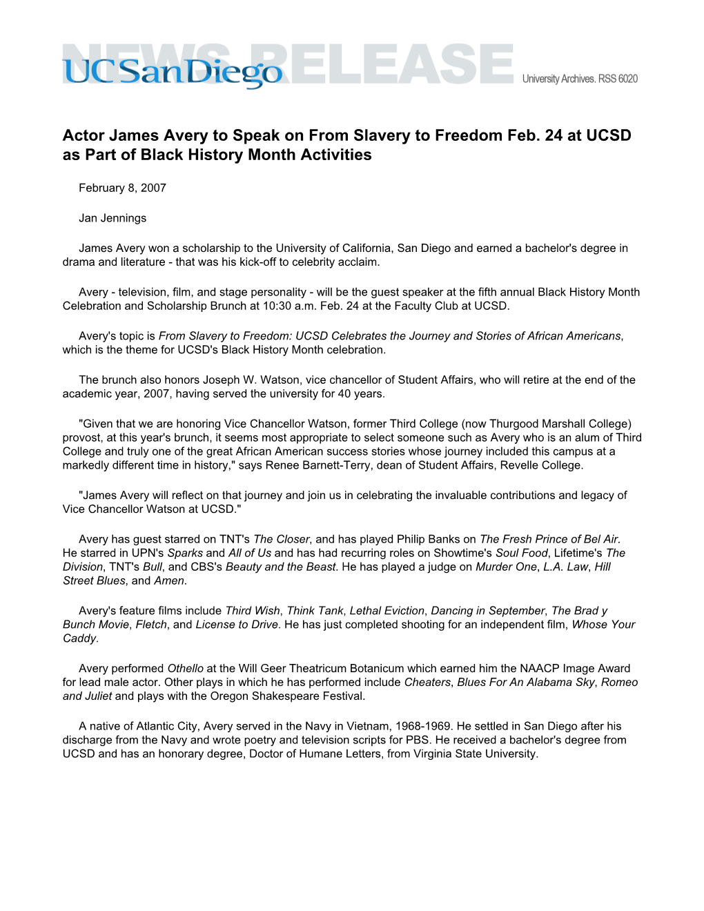 Actor James Avery to Speak on from Slavery to Freedom Feb. 24 at UCSD As Part of Black History Month Activities