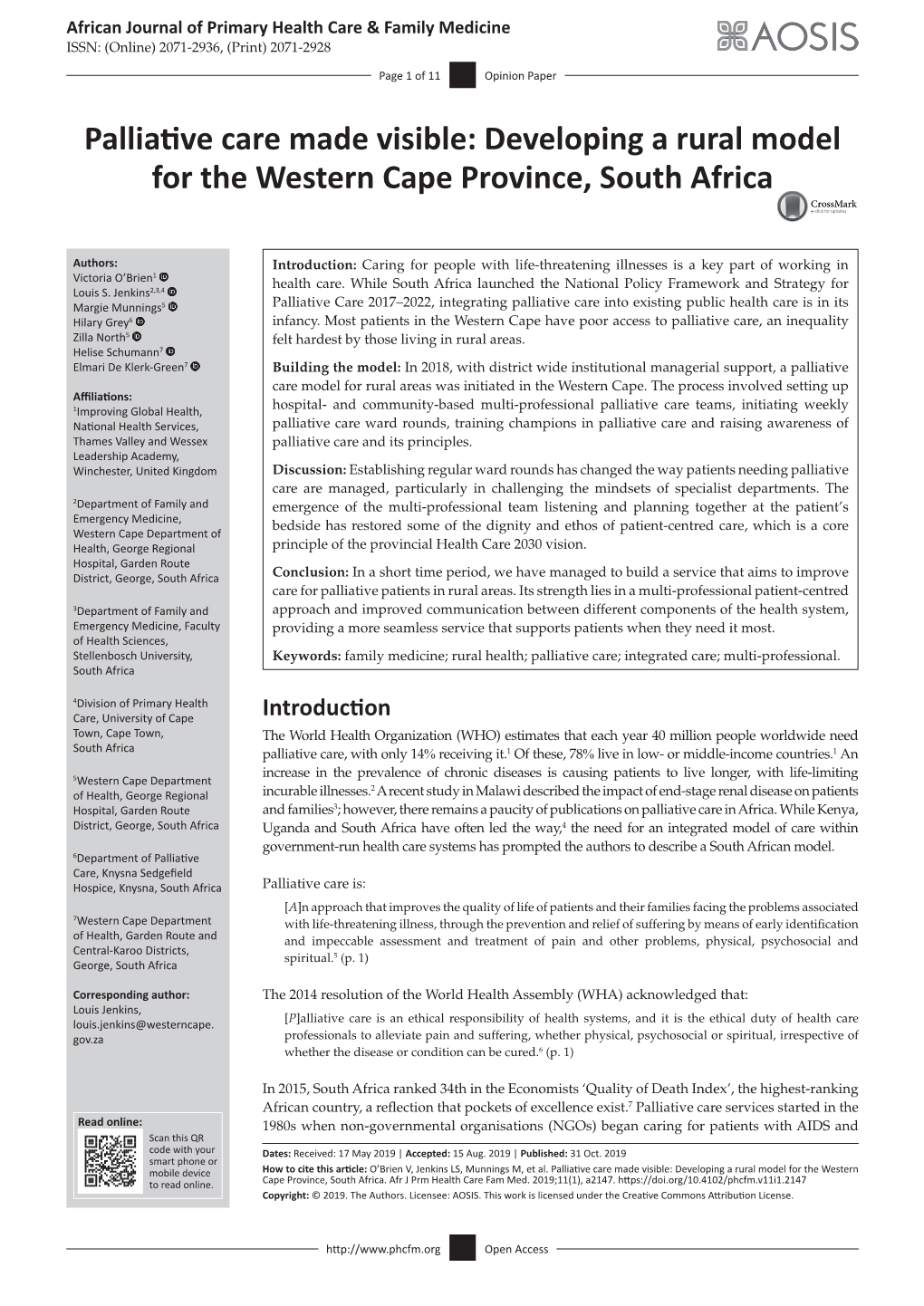 Developing a Rural Model for the Western Cape Province, South Africa