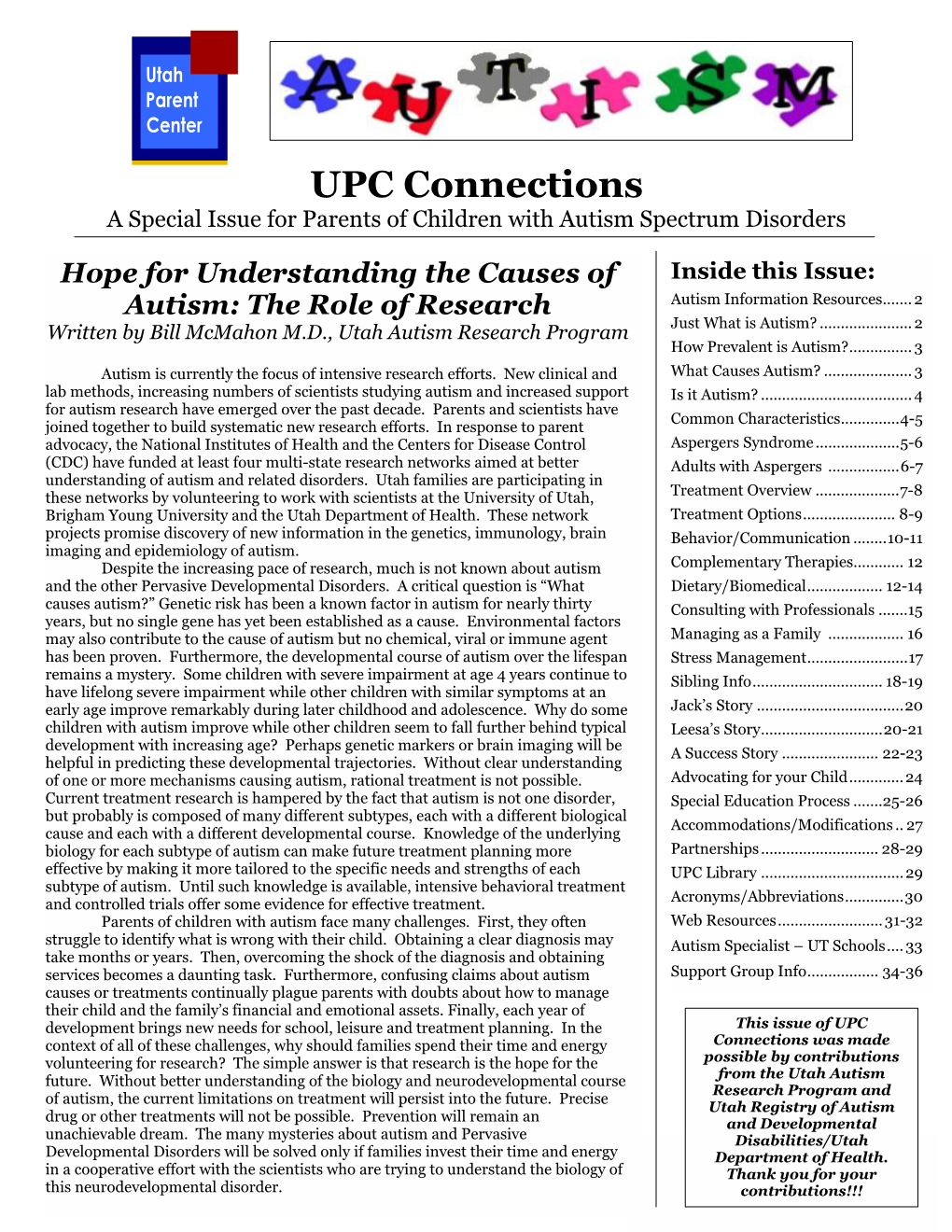 UPC Connections a Special Issue for Parents of Children with Autism Spectrum Disorders