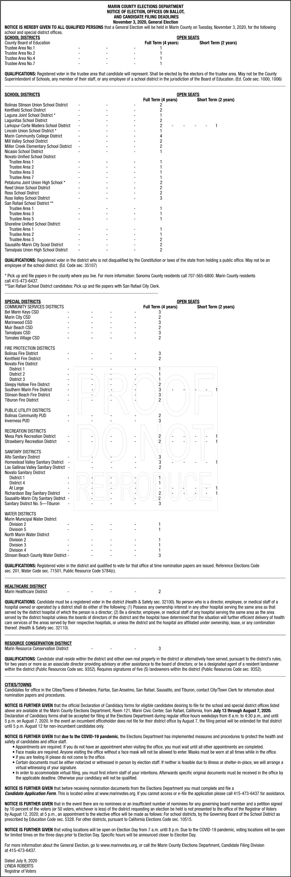 July 9, 2020 Marin County Elections Department Legal Notice