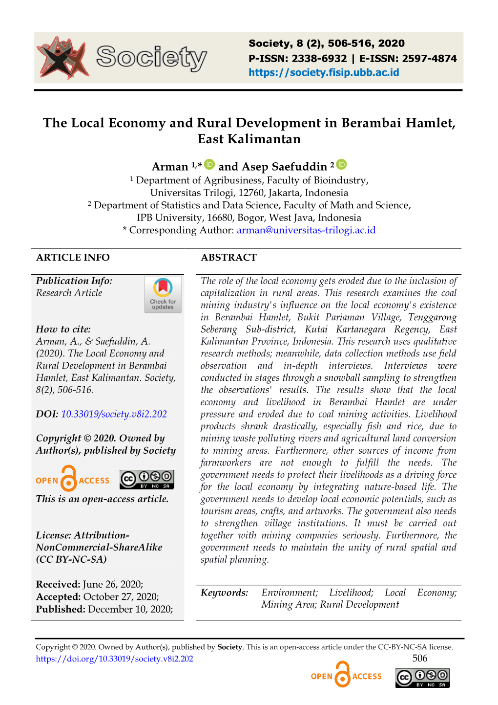 The Local Economy and Rural Development in Berambai Hamlet, East Kalimantan