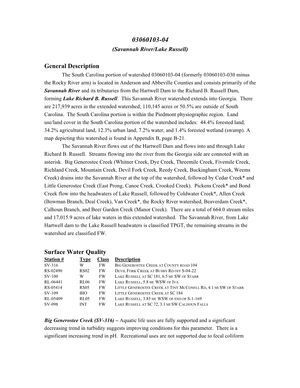 General Description Surface Water Quality