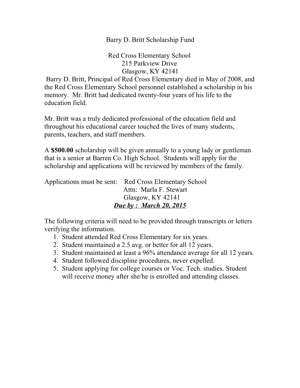 Barry D. Britt Scholarship Fund