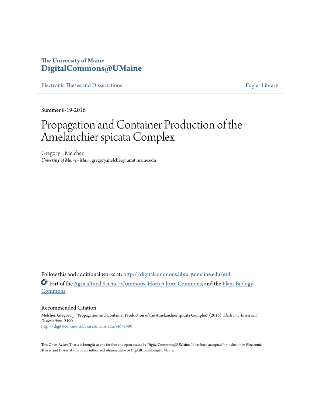 Propagation and Container Production of the Amelanchier Spicata Complex Gregory J