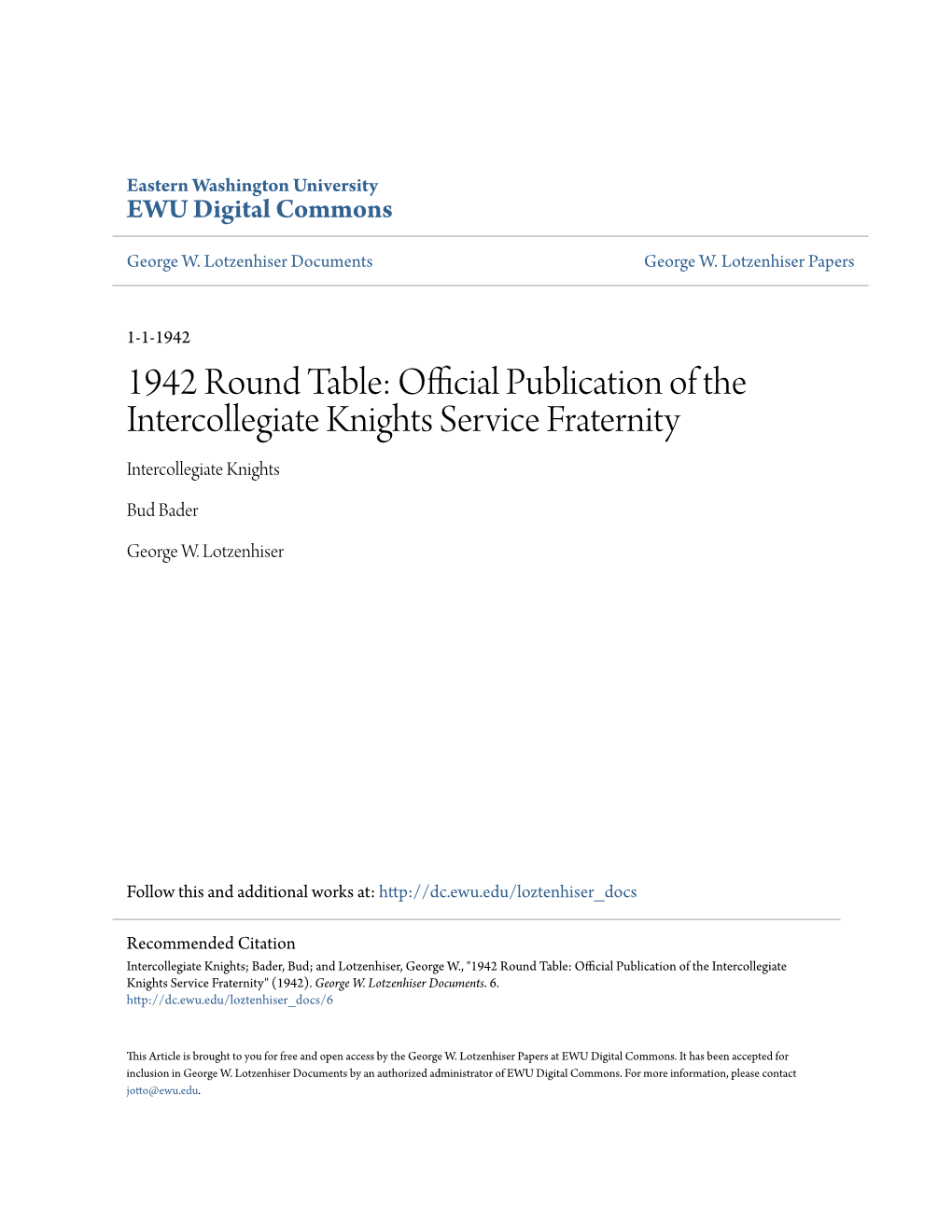 1942 Round Table: Official Publication of the Intercollegiate Knights Service Fraternity Intercollegiate Knights
