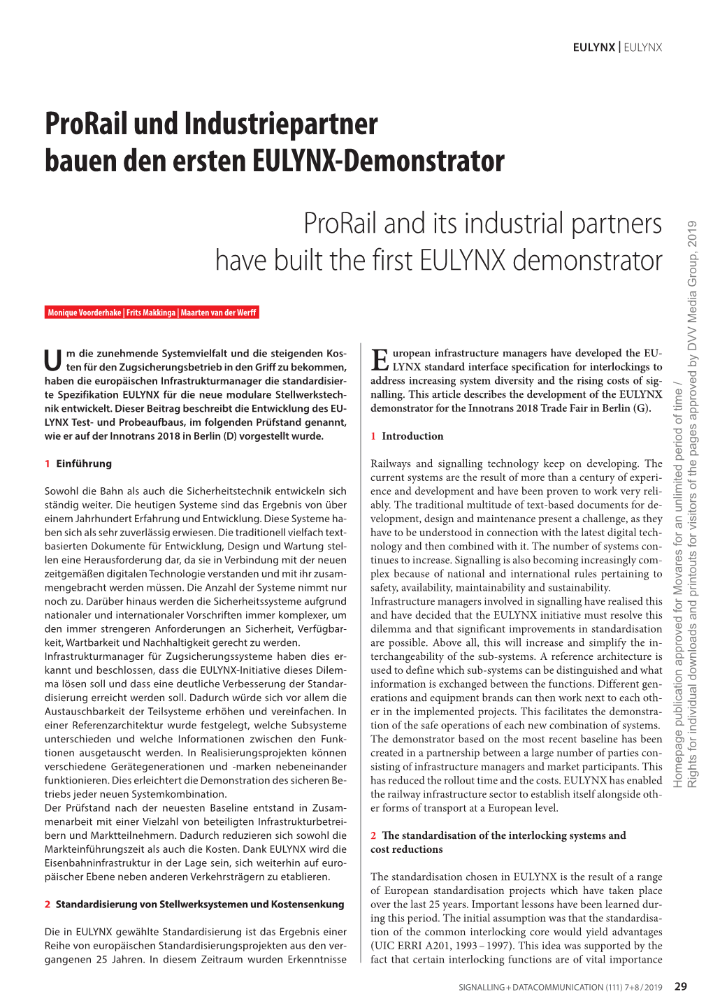 Prorail Und Industriepartner Bauen Den Ersten EULYNX-Demonstrator Prorail and Its Industrial Partners Have Built the First EULYNX Demonstrator 2019 Group