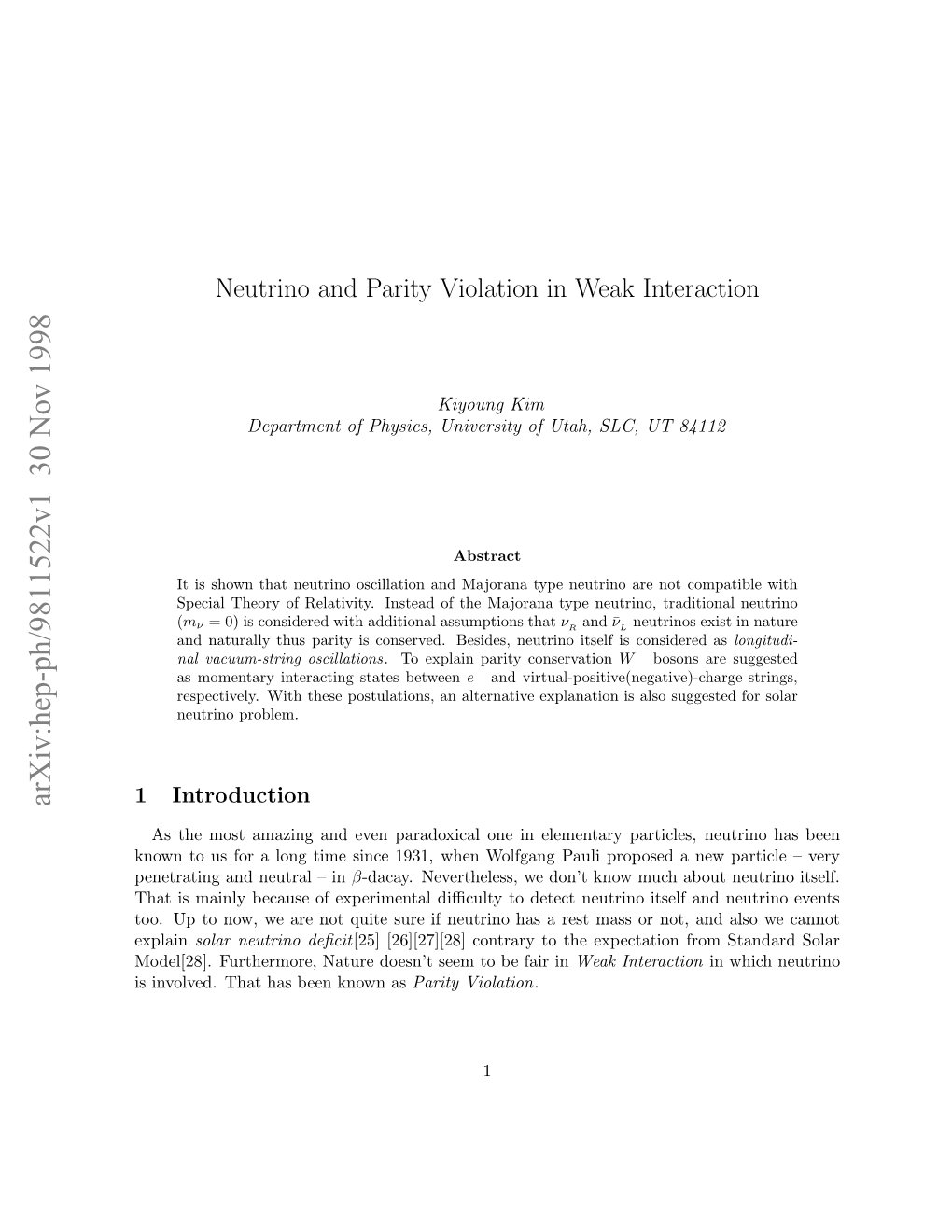 Neutrino and Parity Violation in Weak Interaction