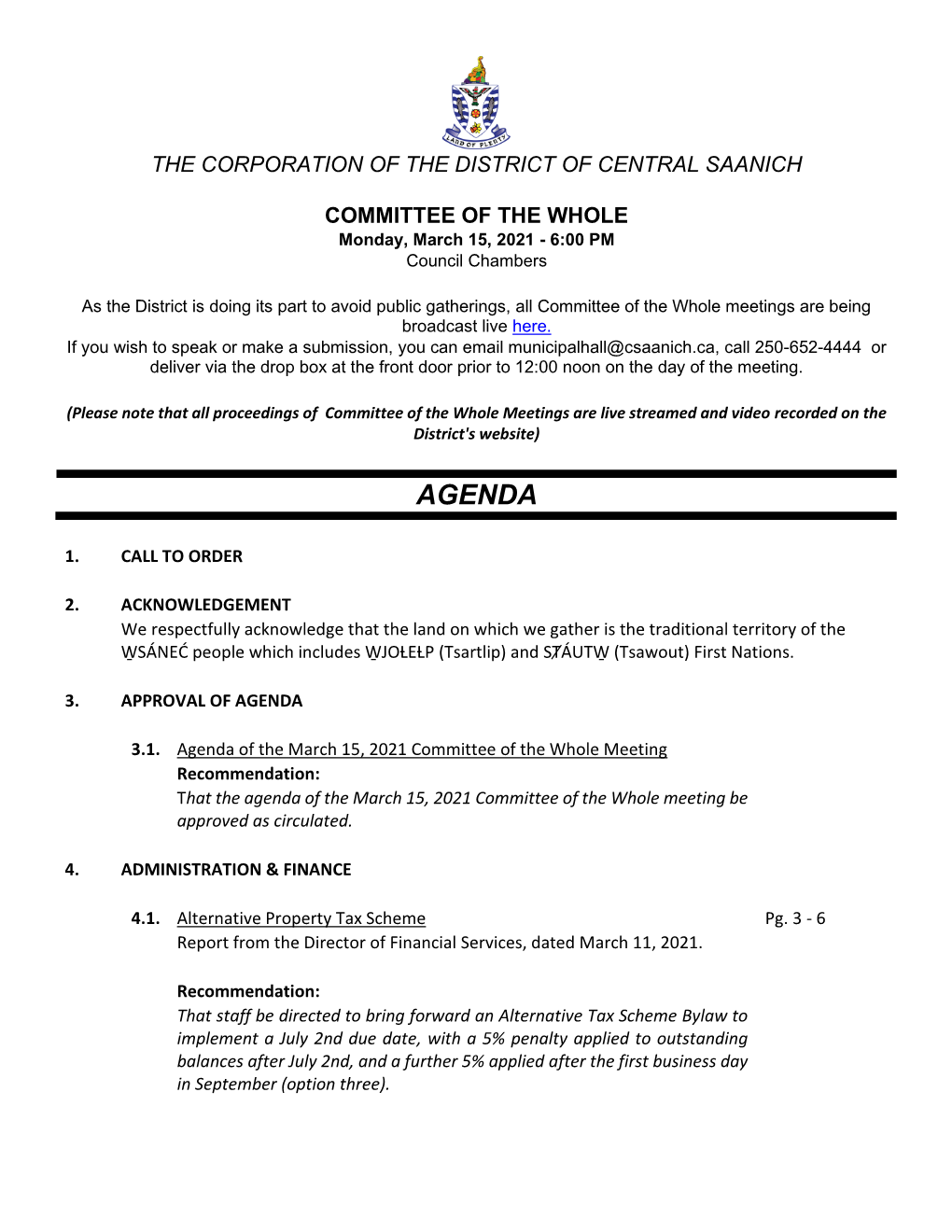 COMMITTEE of the WHOLE Monday, March 15, 2021 - 6:00 PM Council Chambers