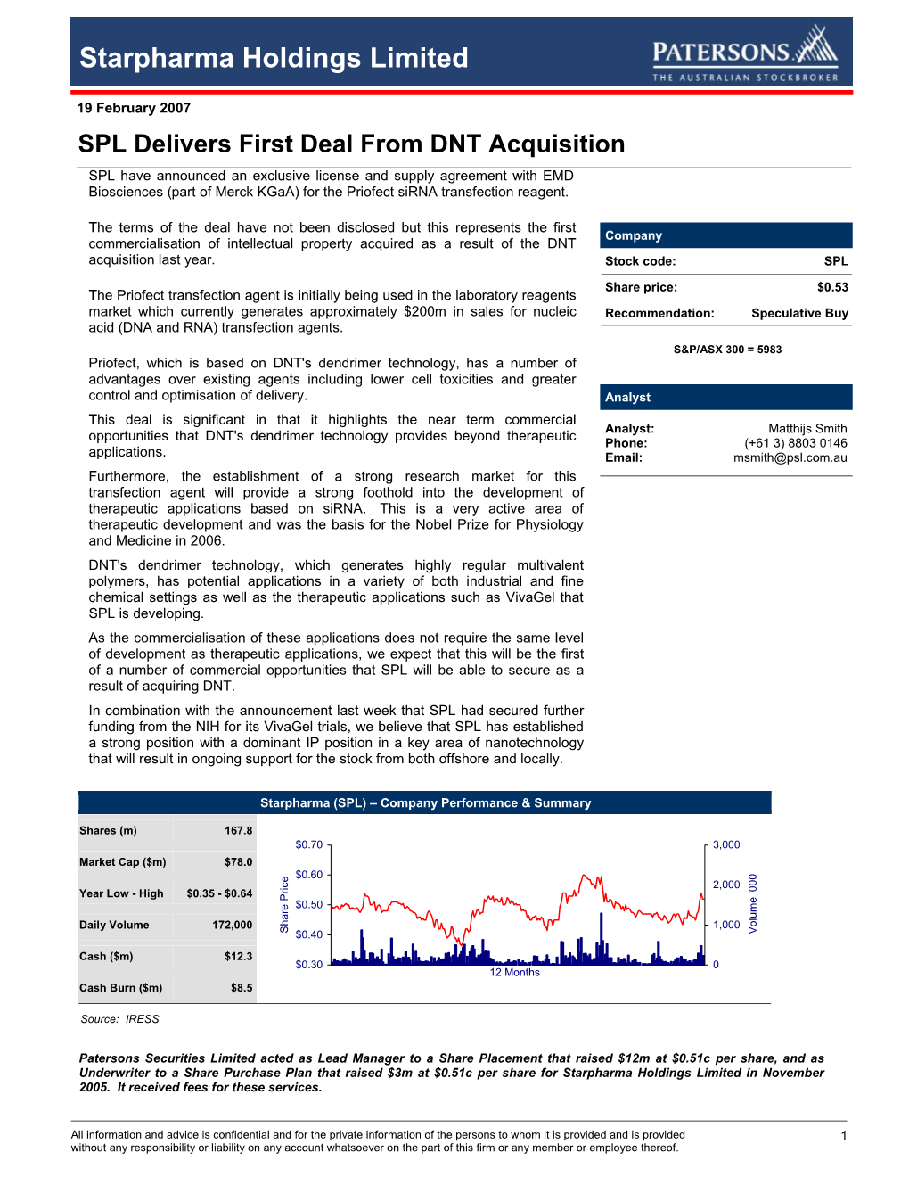 Starpharma Holdings Limited, Specuatlive