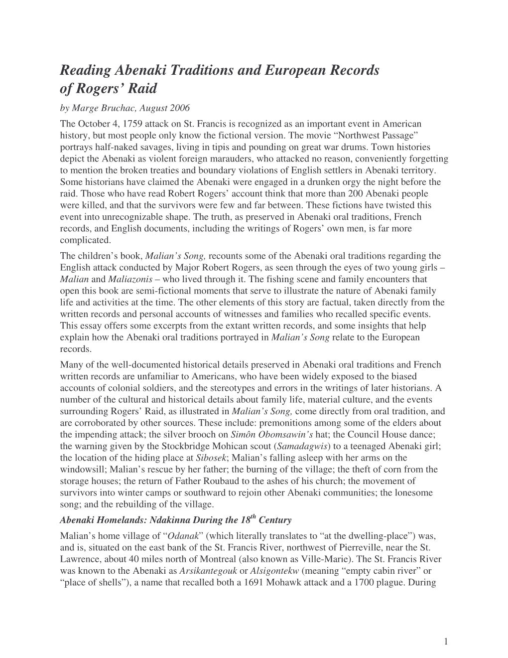 Reading Abenaki Traditions and European Records of Rogers' Raid