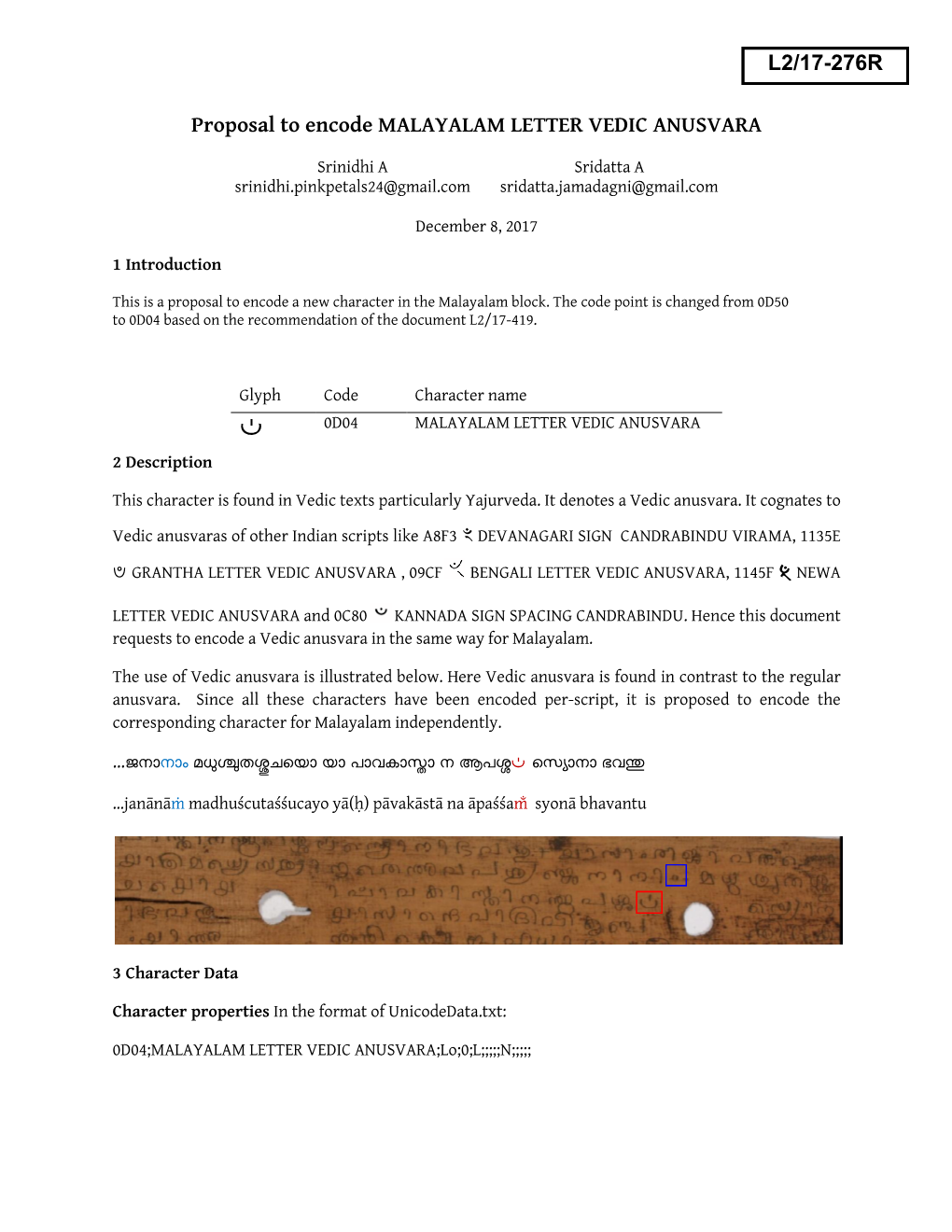 Proposal to Encode MALAYALAM LETTER VEDIC ANUSVARA